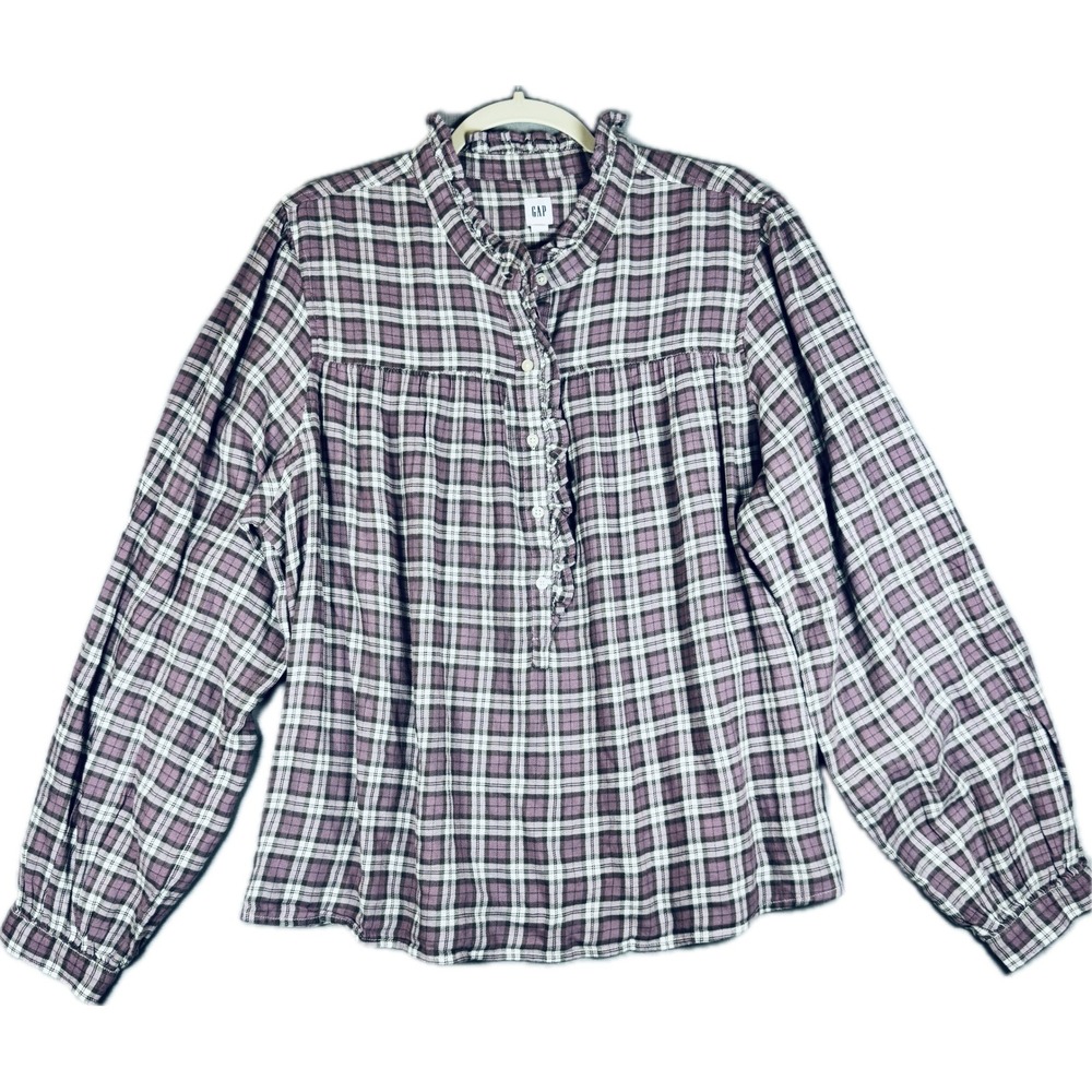GAP Plaid Blouse Women XL Purple Ruffle Neck Long Sleeve Cotton Prairie Boho